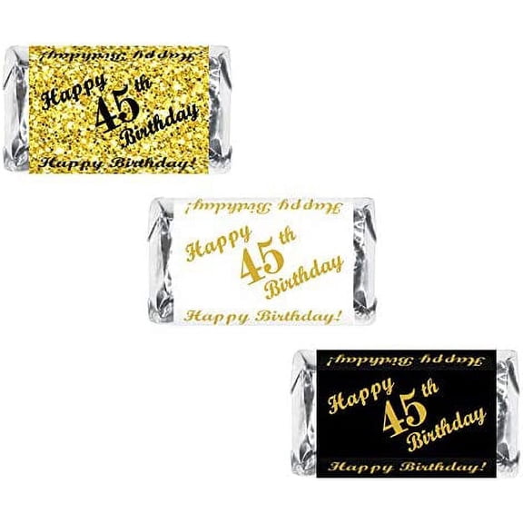 45th Birthday Miniatures Candy Bar Wrapper, (Set of 60) Mini Candy Bar Stickers; 3 Designs: 24 Gold, 24 Black, 12 White, Candy Not Included