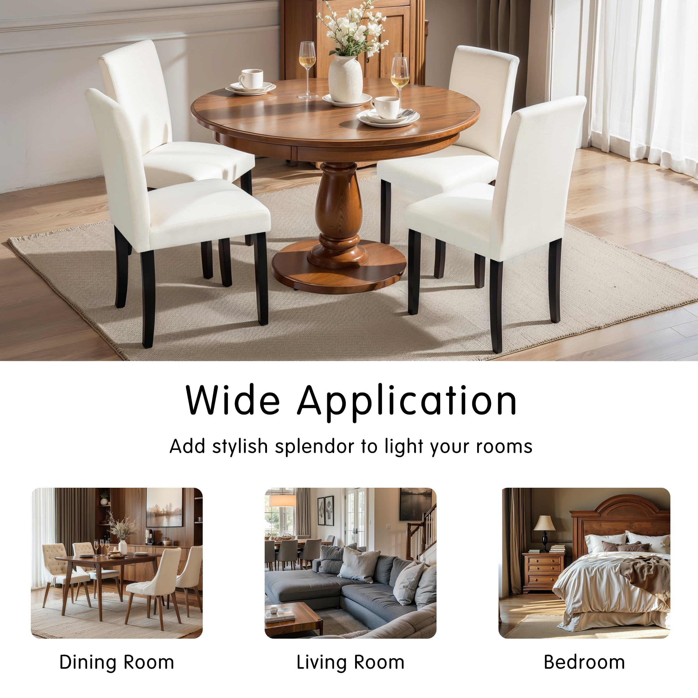 DyFun Linen Upholstered Dining Chairs Set of 2, Solid Wood Kitchen & Dining Room Chairs for Breakfast Nook or Apartment Living, Ivory