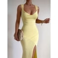thumbnail image 6 of Women'S Slip Long Dress Cowl Neck Backless Ruched Bodycon Side Split Cocktail Party Night Out Dress Yellow M, 6 of 9