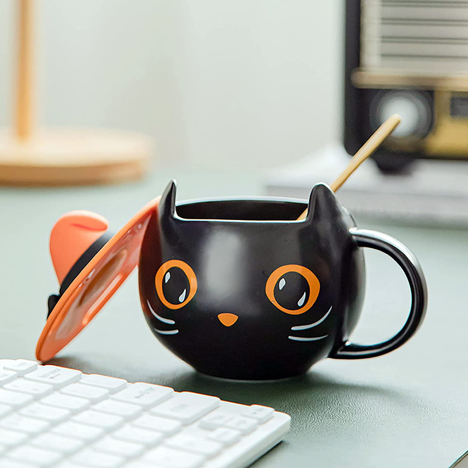 Cute Kitty Unique Ceramic Coffee Mug for Halloween Cat Lovers,Home Birthday Gift for Women Men 2021 Halloween Black Cat Cup with Witch Cap and Spoon Gifts Cat Spoon Cover