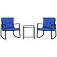 thumbnail image 1 of Outsunny 3 Pieces Rocking Bistro Set, Outdoor Wicker Patio Furniture with Glass Coffee Table and Outside Rocking Chairs for Porch, Conversation Sets with Thick Cushions, Blue, 1 of 7