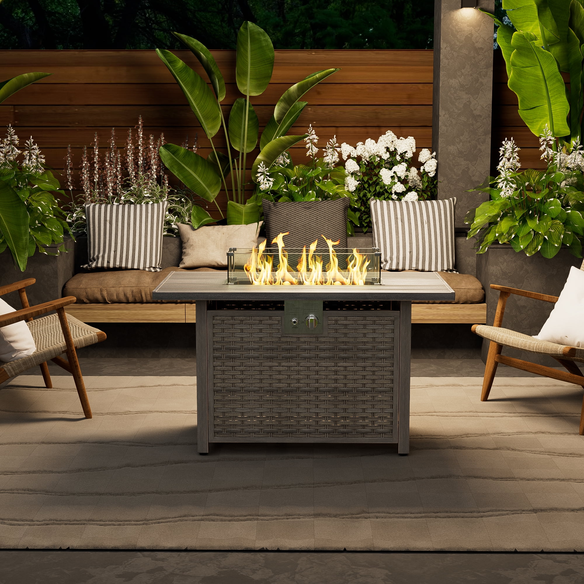 Evita 43'' 50,000 BTU Retangular Outdoor Gas Propan Fire Pit Table in Brown Wicker with Removable Lid and Waterproof Cover