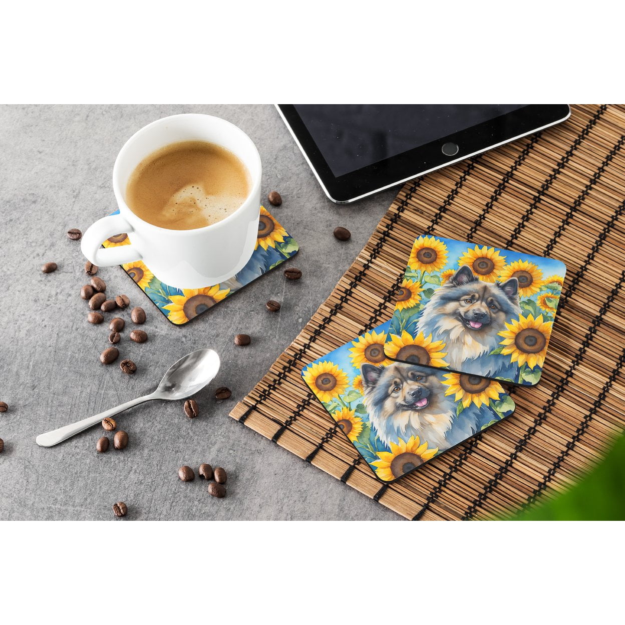 Keeshond in Sunflowers Foam Coasters 3.5 in x 3.5 in