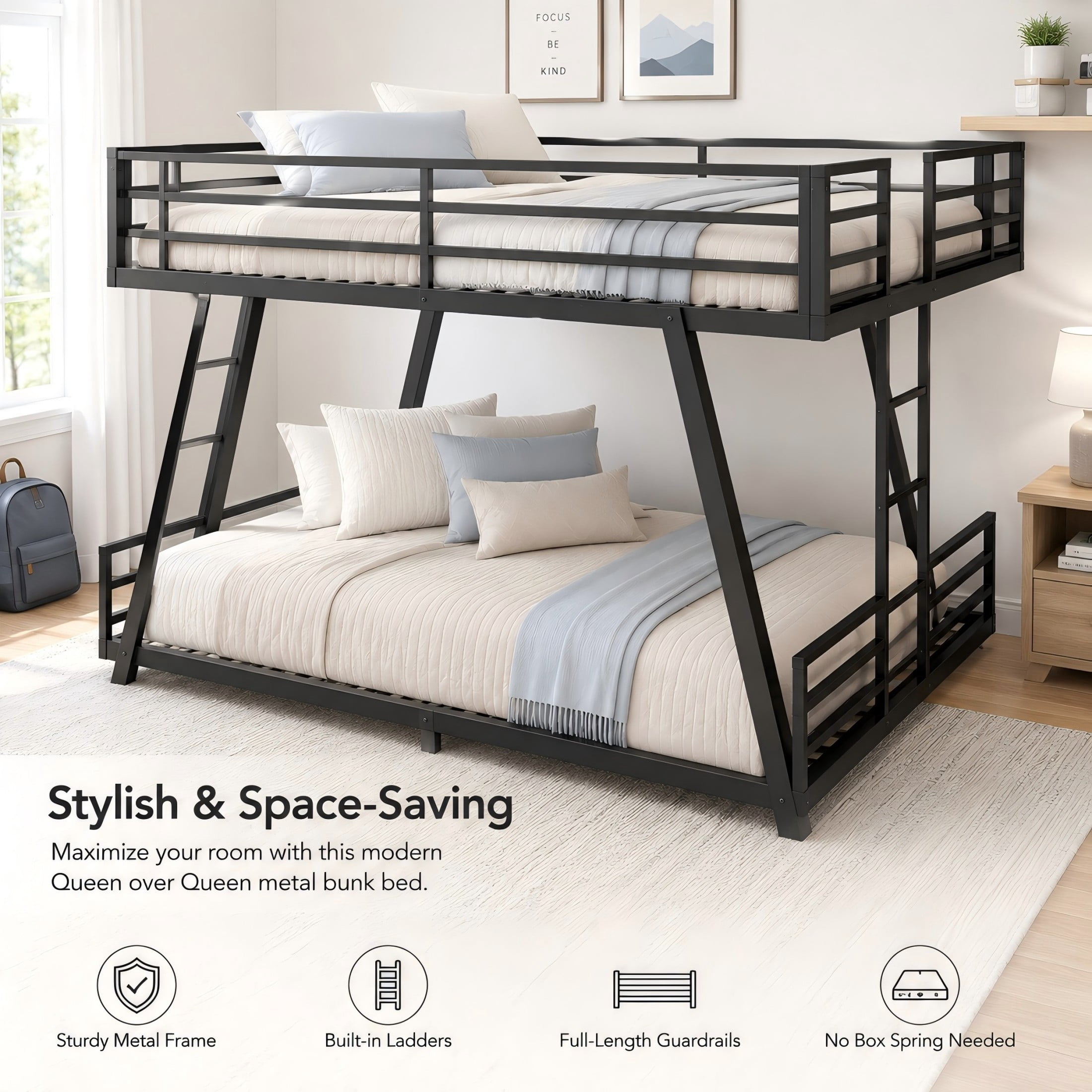 Aukfa Queen over Queen Metal Bunk Bed with Heavy Duty A-Frame Support Design, 2 Side Ladders, Low Profile, Black