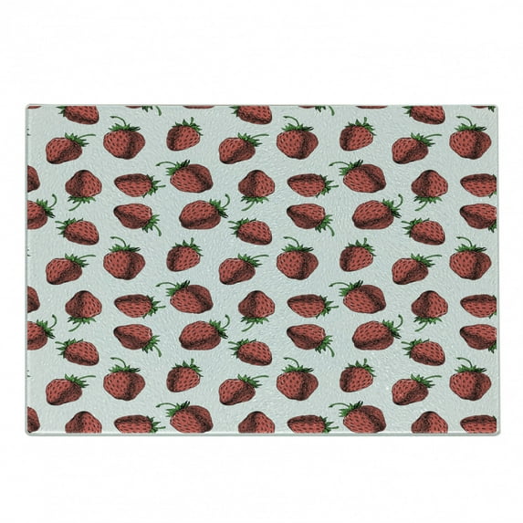 Botanic Cutting Board, Vibrant Hand Drawn Strawberry Pattern Fresh Summer Fruit Design, Decorative Tempered Glass Cutting and Serving Board, Small Size, Fern Green White Red, by Ambesonne