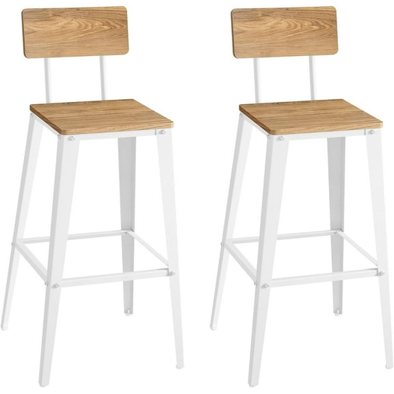 Set of 2 Bar Stools, Bar Height Stools, Tall Bar Stools with Back, Bar Chairs, Steel Frame, Industrial Style, Easy Assembly