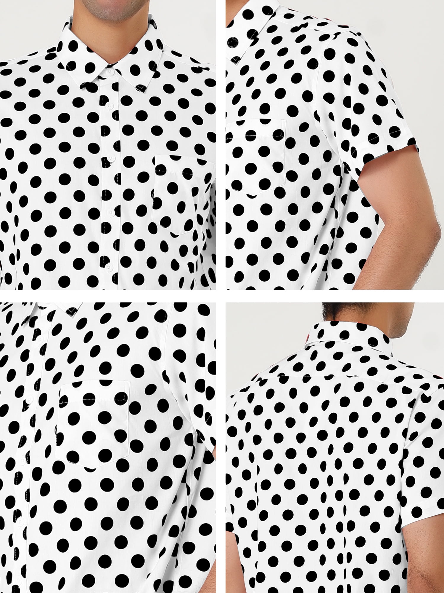 Unique Bargains Men's Button Down Short Sleeves Cotton Polka Dots Shirt XXL (US 50) Black and White