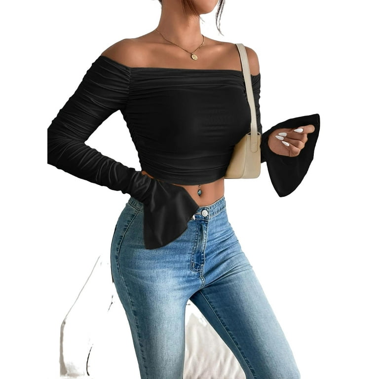 Elegant Off the Shoulder Crop Top Long Sleeve Black Women s Tops Women s
