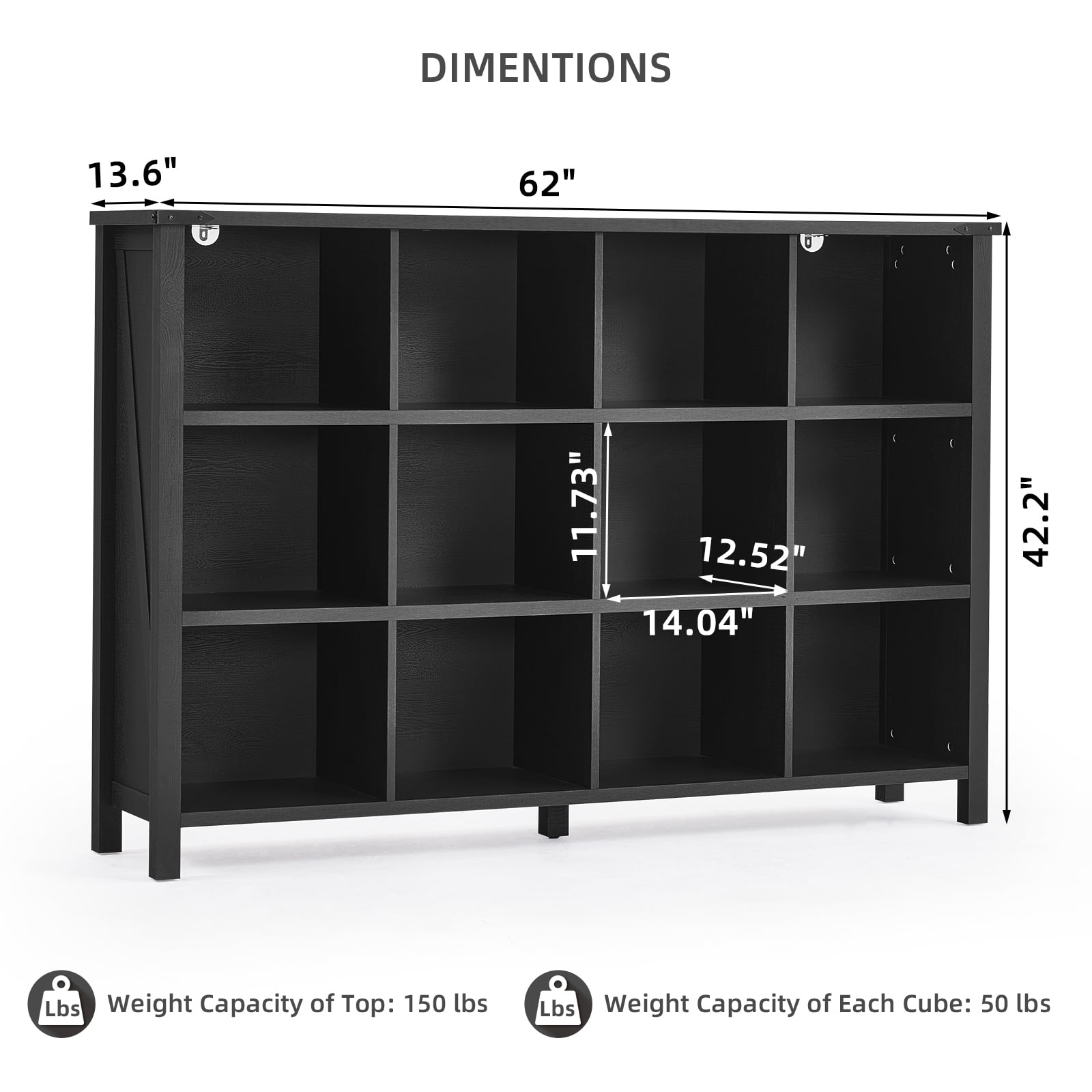 Joaxswe 12-Cube Bookcase and Bookshelves, 62'' Width Open CD Display Storage Rack, Vintage Cubby Cabinet for Living Room, Black