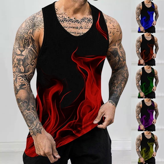 VBTAPA Mens Graphic Tank Top Novelty 3D Flame Print Sleeveless T-shirt Big and Tall Casual Workout Shirts Stretch Tank Undershirts Purple L