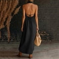 thumbnail image 5 of Women's Cotton Linen Blend Halter Neck Maxi Dress Backless Ruched Detail Side Pockets Casual Summer Black, 5 of 7