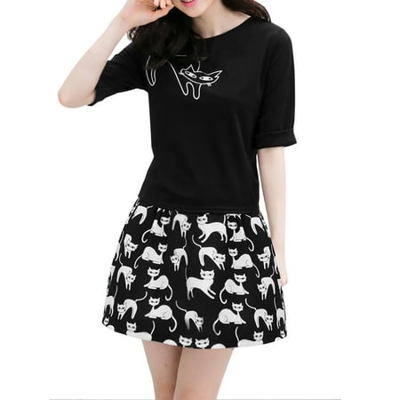 - Women's Cat Prints Pullover Top w Skirt Sets Black (Size S / 4)
