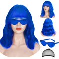 thumbnail image 1 of LOHO WONDERZ Juego de peluca y gafas de sol azules – Peluca ondulada de 15 pulgadas con flequillo – Peluca Bob resistente al calor – Peluca ondulada corta y rizada – Pelucas hasta los hombros para muj, 1 of 5