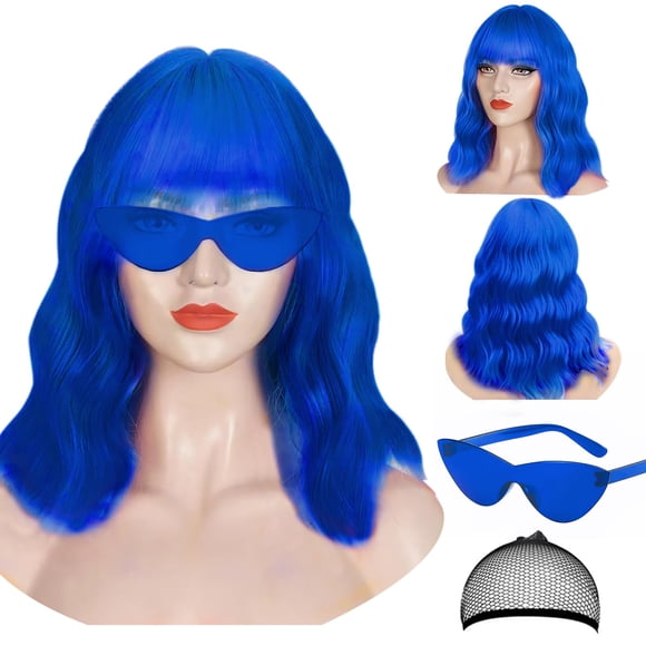 LOHO WONDERZ Juego de peluca y gafas de sol azules – Peluca ondulada de 15 pulgadas con flequillo – Peluca Bob resistente al calor – Peluca ondulada corta y rizada – Pelucas hasta los hombros para muj