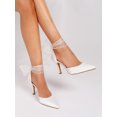 thumbnail image 5 of On feet & in love Women's Satin Pointed Toe Slingback Heels - Stiletto Dress Pumps with Sheer Ribbon Bow Detail,White, 5 of 7