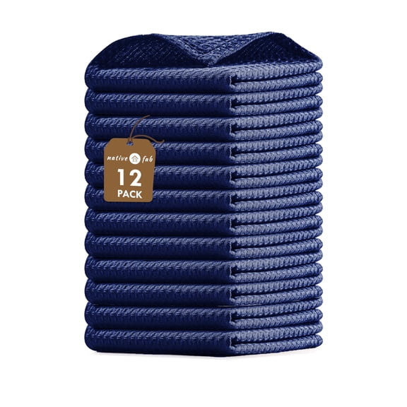 Native Fab Waffle Dishcloths 12 Pack - 100% Cotton, Ultra Absorbent Dish Cloths for Kitchen Cleaning, Drying, and Cooking - Soft and Durable Towels for Everyday Use, 12x12 inch - Ink Blue