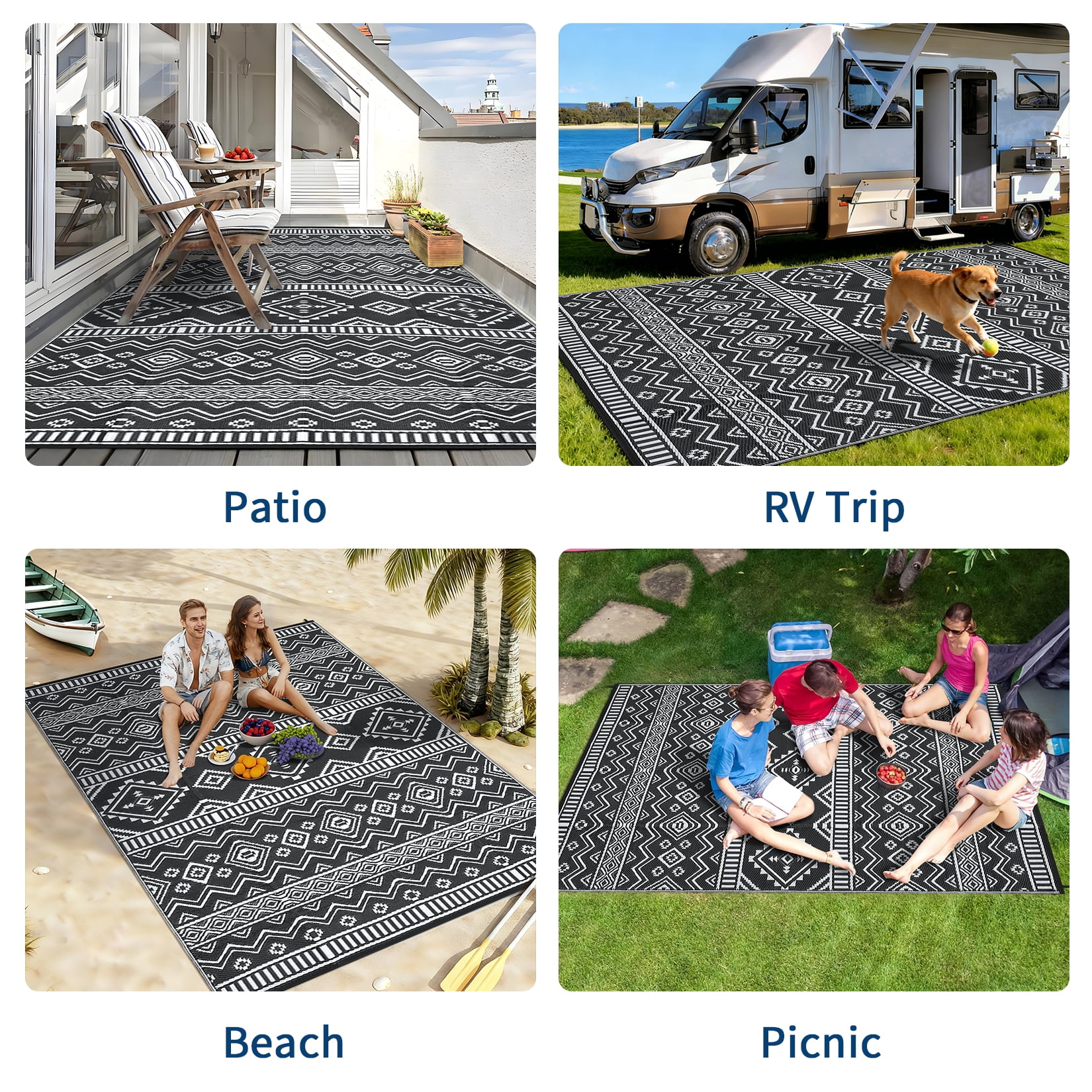 Garvee Outdoor Area Rug 9'x12' Waterproof Outdoor Carpet, Boho Plastic Straw Rug RV Mat for Picnic, Deck, Balcony, Beach, Patio, Black and White