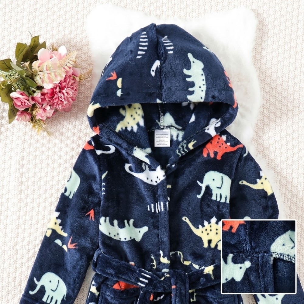 Bata con capucha para niños de 1-7 años, albornoz de felpa suave, versión media con cinturón, pijama con estampado de dibujos animados 8