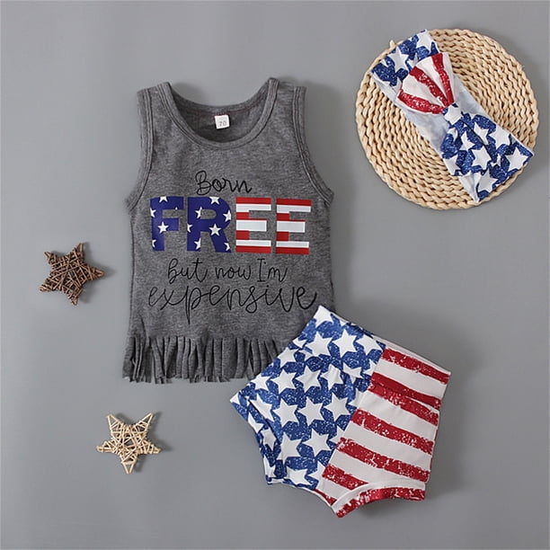 MKLEKYY Conjunto De 3 Piezas De Ropa Informal Corta Para Mujer, Para El 4 De Julio, Para Bebés Y Niñas, Camiseta Sin Mangas, Pantalones Cortos, Diadema, Día De La Independencia, Verano