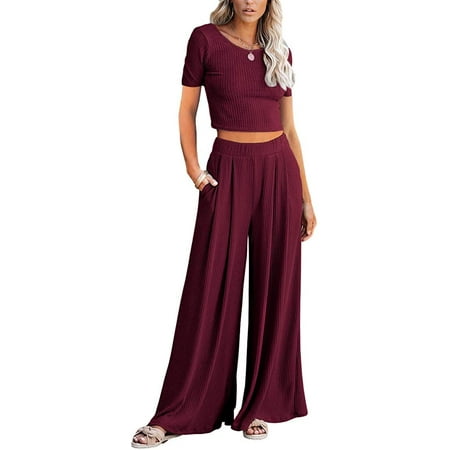 

Sherrylily Women Outfits Sets Ribbed Crop Top Long Sleeve Palazzo Pants Loose Sweatshirt Knit 2 Piece Pajamas