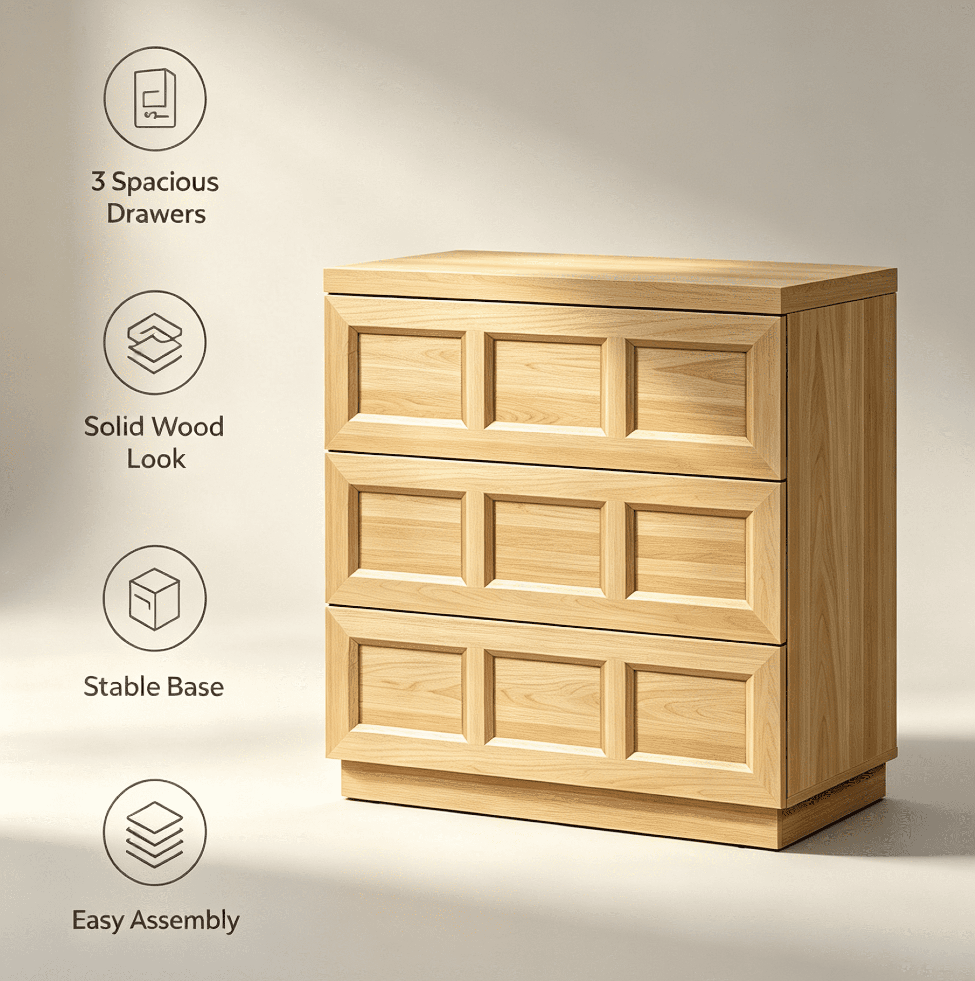 HOMOOI Rustic Nightstand with 3 Drawers, Boho Thickened Wood Bedside Cabinet with Smooth Gliding Drawers, Modern Anti-Wobble Side End Table for Bedroom，Oak