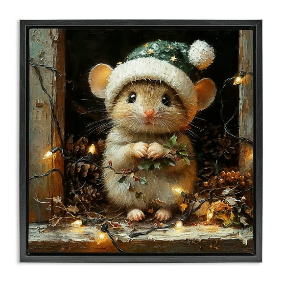 Stupell Industries Barn Mouse with Christmas Lights Animals Painting Black Floater Framed Canvas Art Print Wall Art, 18 x 18