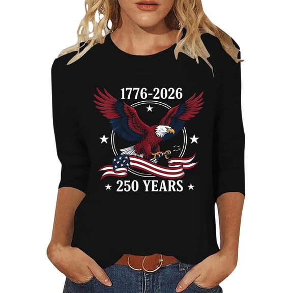 Spring T Shirts for Women 250 Anniversary US 250th 3/4 Sleeve Graphic Patriotic Birthday Tops Fashion Summer Casual Tees
