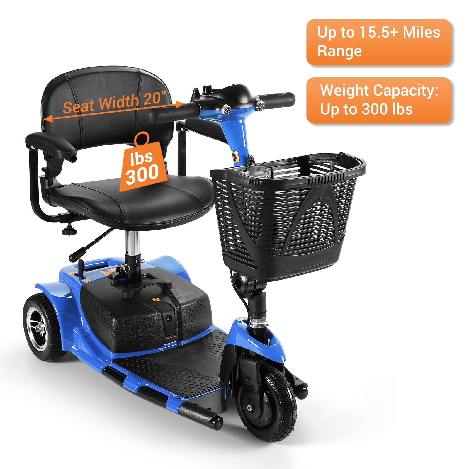 TEKAMON 3 Wheels Folding Powered Mobility Scooter for Senior/Adult Compact Electric Wheelchair for Travel, W/ Long Range Battery and Charger, Blue