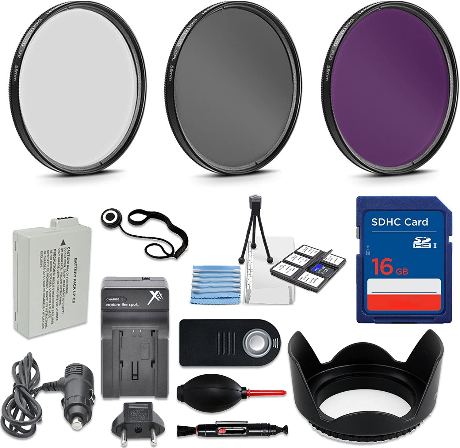 58mm Accessory Kit for Canon EOS Rebel Series: LP-E8 Battery, 16GB SD, HD Filters, Charger, and More