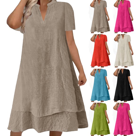 Plus Size Casual Dress Ndbuld Women's Summer Solid Color Short-Sleeve V-Neck A-Line Mid-Waist Dress Khaki M