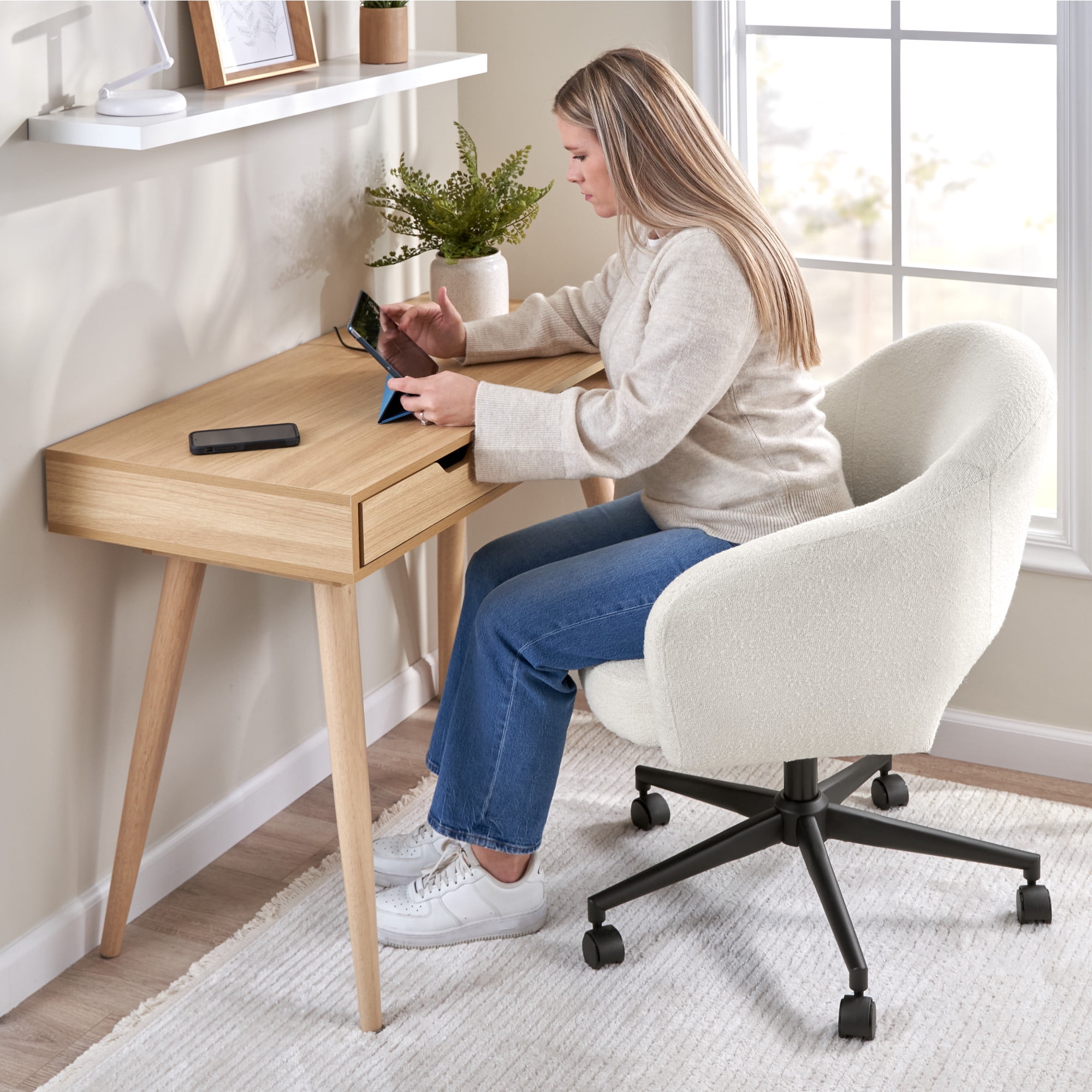 Bush Furniture Fairfax Mid Century Modern Desk Chair for Home Office in Light Cream Fabric