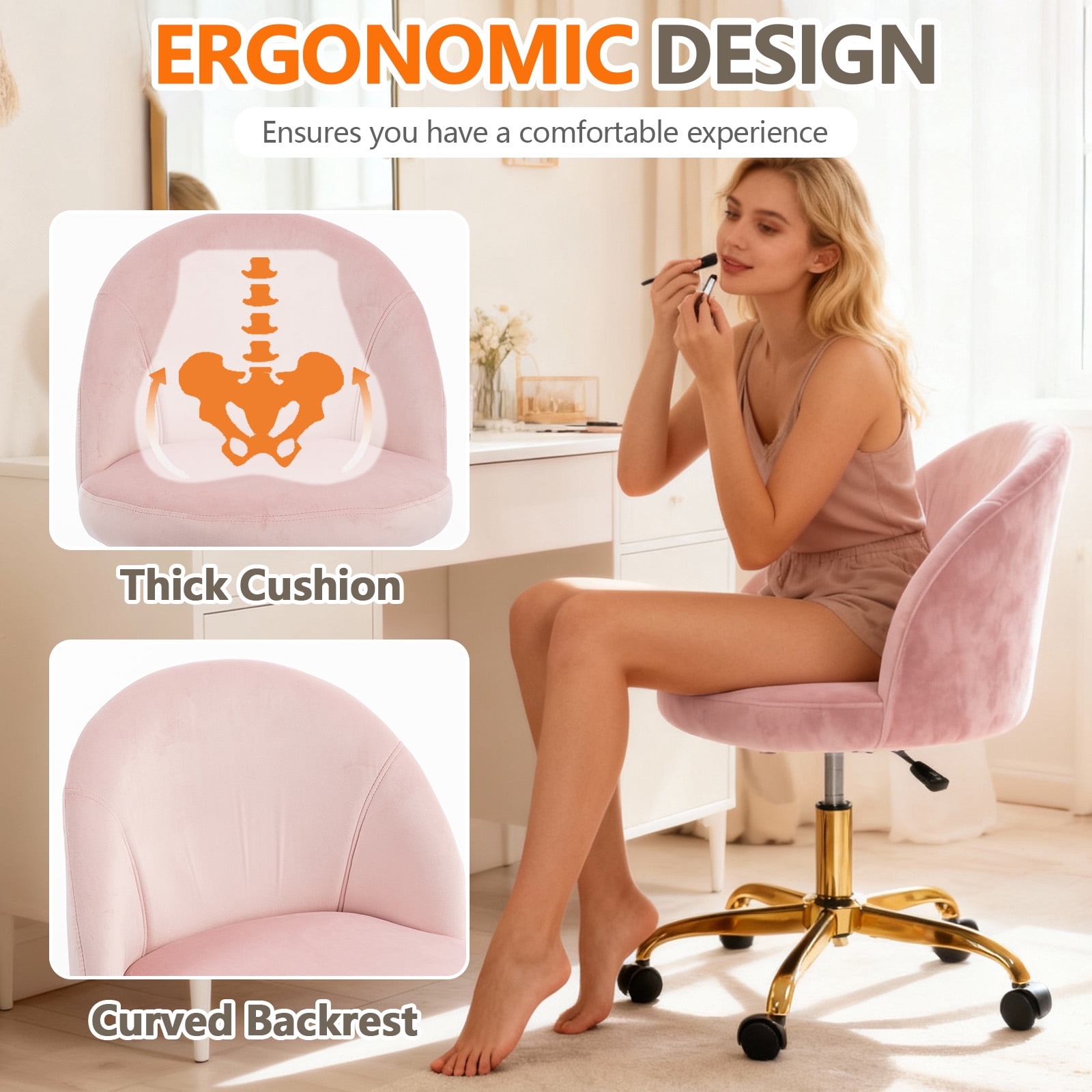 Modern Velvet Small Office Chair,Cute Desk Chair With Wheels,Gold Base/Studs, Comfy Armless Swivel Vanity Task Chair For Women/Girl/Kids, Nail Tech Chair For Bedroom,Small Space,Pink