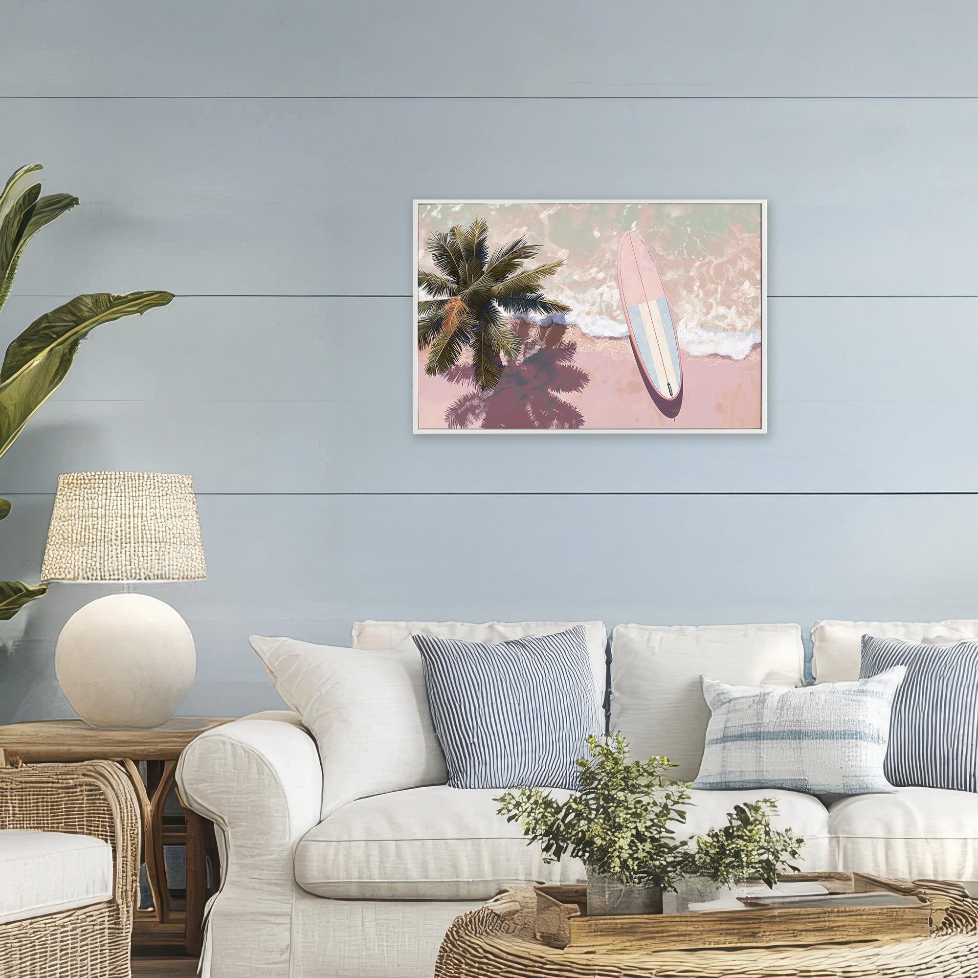Stupell Industries Blush Pink Surfboard & Palm White Framed Giclee Art, design by Jacky Ngan