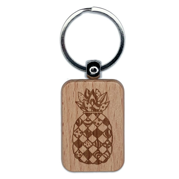 Quirky Patterned Pineapple Rectangle Keychain Charm Tag - Engraved Wood
