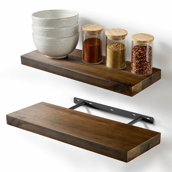 TIDITA 17" Acacia Wood Floating Shelves, Set of 2, Walnut Finish, Wall Mounted with Hidden Brackets, 100 lb Capacity