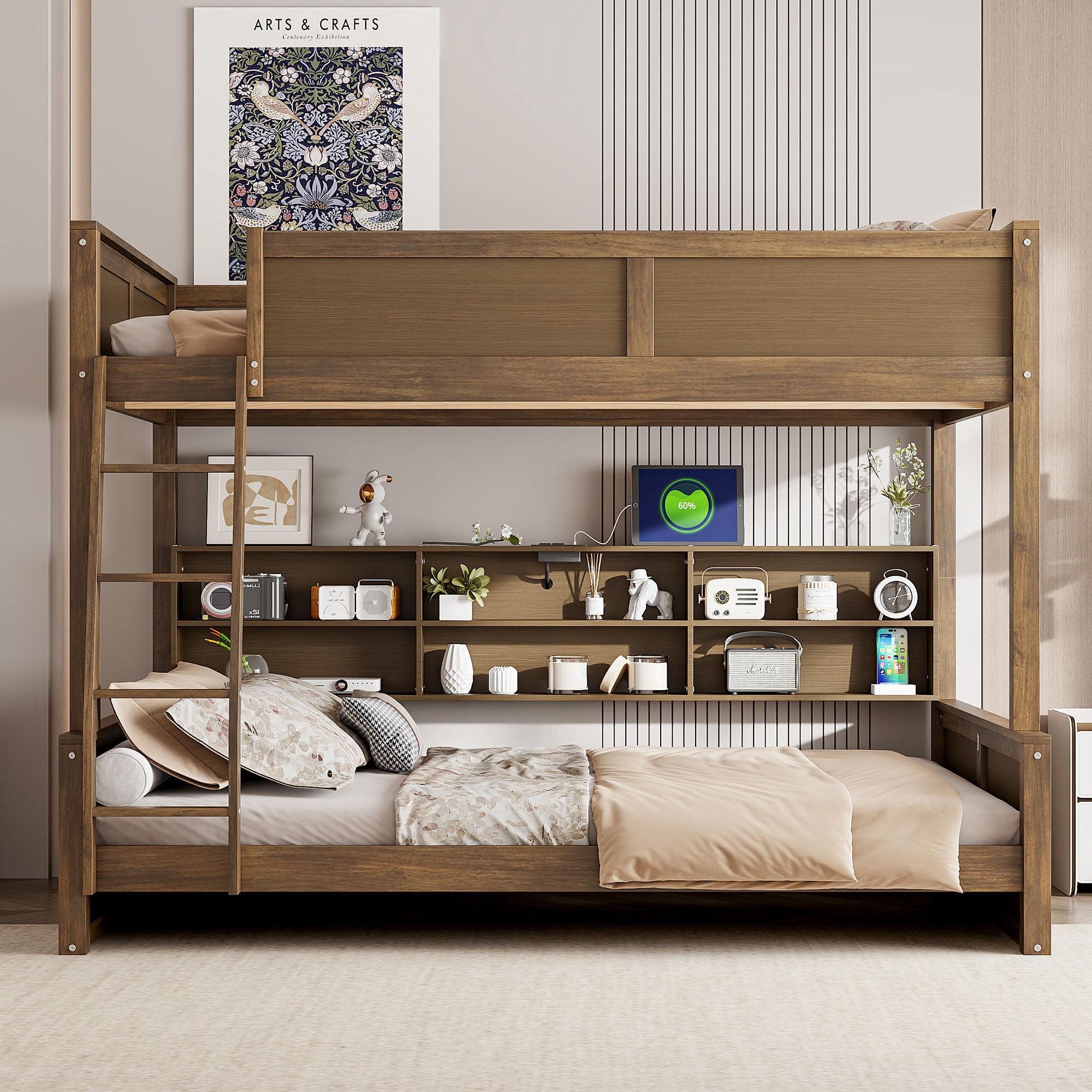 Full XL over Queen Bunk Bed with 6 Storage Cabinets on the Side, USB Ports & Outlets – Solid Pine & MDF Bed Frame with Guard Rails, No Box Spring Needed, Space-Saving Design