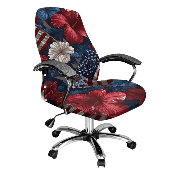 POLERO USA Flag Floral Print Brushed Elastic Fabric Desk Rolling Office Chair Cover with Anti Slip All-in-One Office Chair Covers for Home Workspace