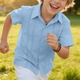 thumbnail image 4 of HAOTAGS Boys Button-Up Shirts, Solid Cotton-Linen Lace Trim Short-Sleeve Turn-Down Collar Casual Tops Blue Size 10, 4 of 9