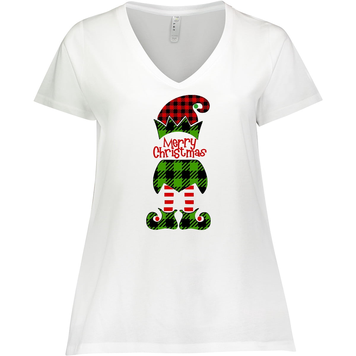 Inktastic Merry Christmas Elf in Red and Green Plaid Women's Plus Size V-Neck T-Shirt