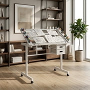 Adjustable Art Drawing Desk with 2 Fabric Drawers and 4 Wheels, Craft Station Drafting Table with Glass Top, 0-70° Tiltable for Home Studio, White