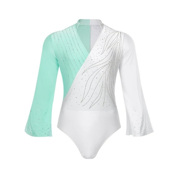Mens Gymnastics Figure Skating Ballet Ballroom Dance Performance Costume Wrap V-neck Flare Sleeve Shiny Rhinestones Jumpsuit