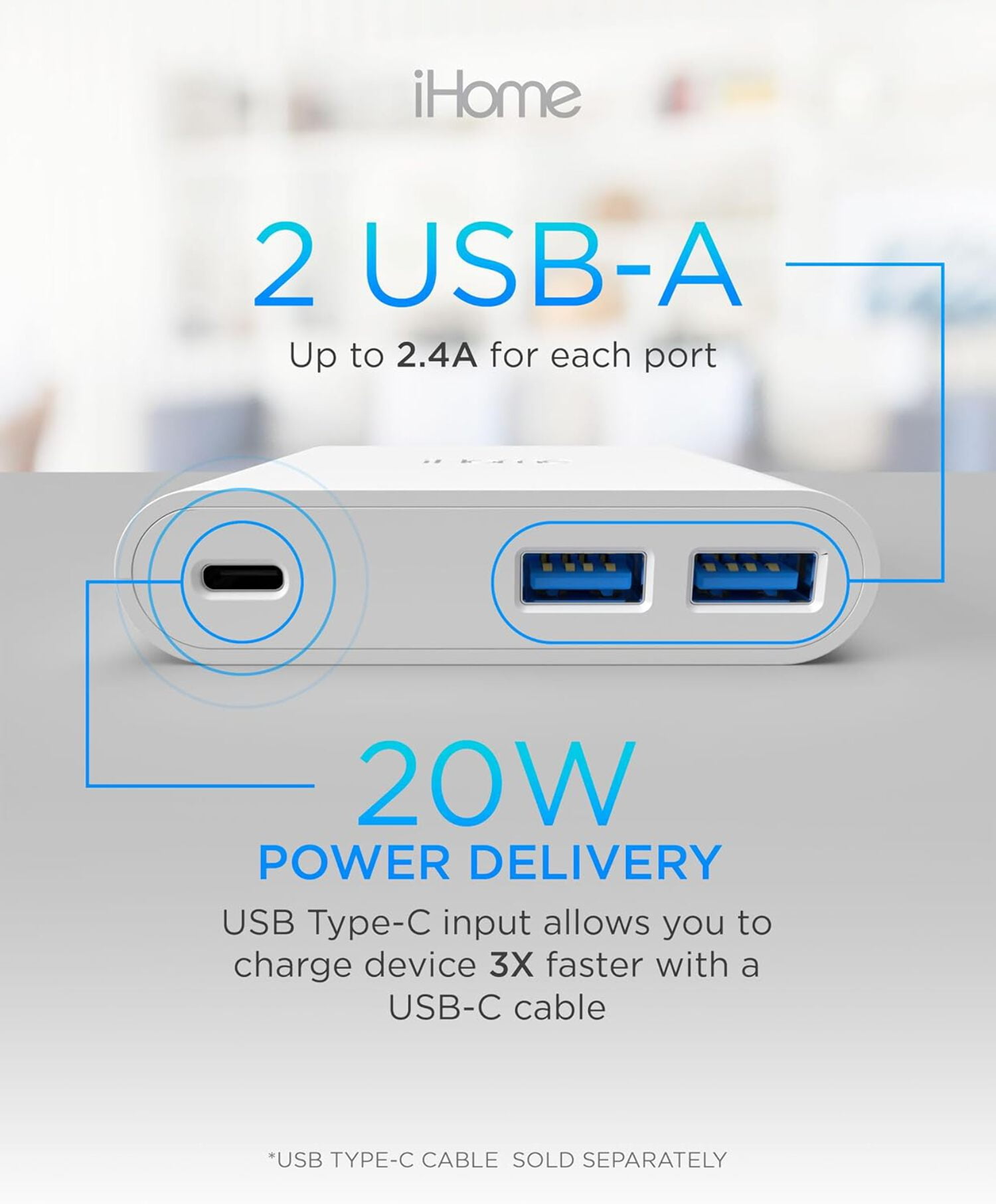 iHome 32W AC Pro Wall Charger, 3-Port (1 USB-C, 2 USB-A), Fast Charging, Universal Compatibility