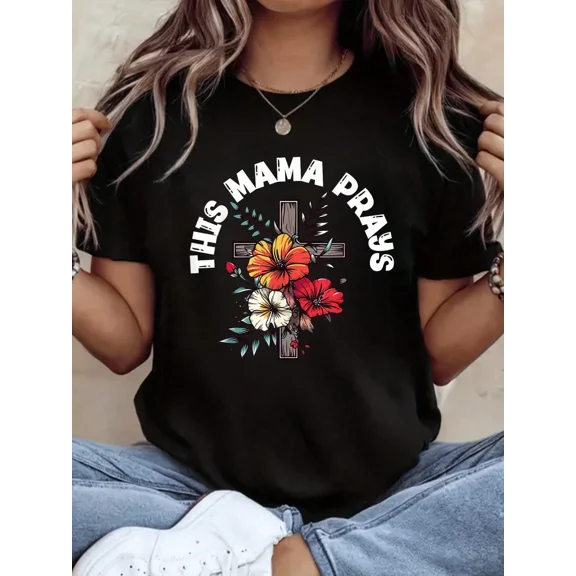 Retro This Mama Prays Christian T-Shirt for Women Floral Cross Faith Graphic Tee Mother's Day Gift Vintage Style Black Top