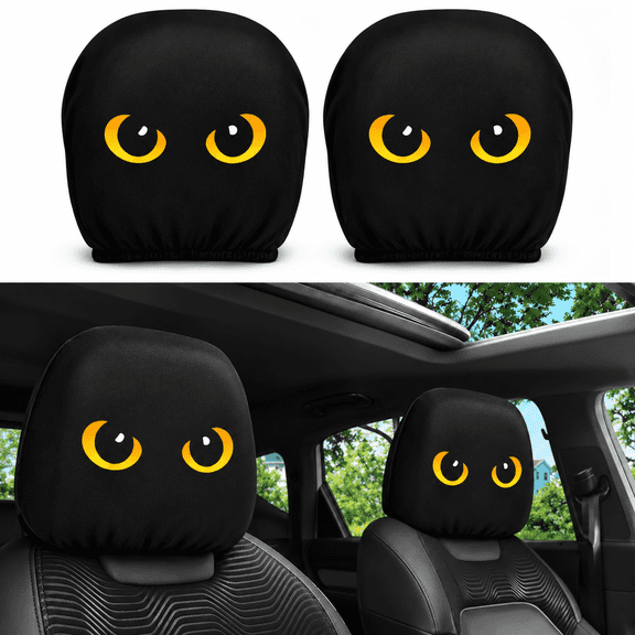 Halloween Car Headrest Covers, Yellow Cat Eyes Design, Washable Fabric, 2-Pack