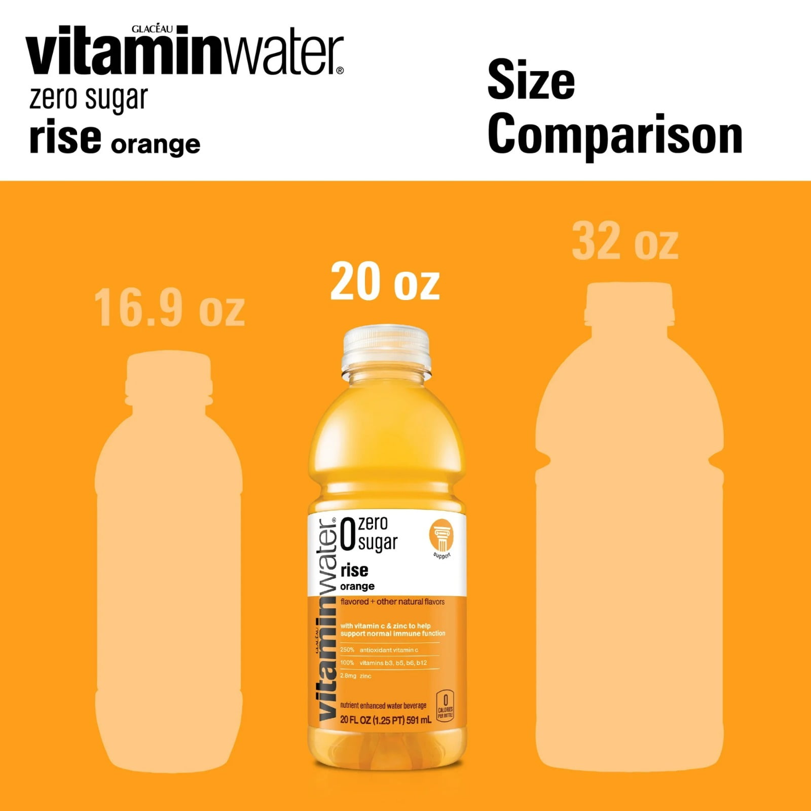 Vitaminwater Rise Zero Sugar Orange Flavored Water Beverage, 20 fl oz (3 Pack)