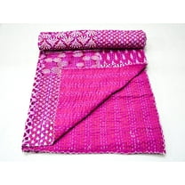Indian Kantha Quilt Floral Print Quilt Cotton Kantha Throw Kantha Blanket Handmade Quilt Bedspread Vintage Gudari Double Size Pink Colour