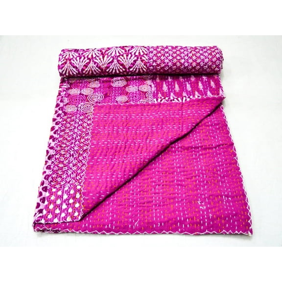 Indian Kantha Quilt Floral Print Quilt Cotton Kantha Throw Kantha Blanket Handmade Quilt Bedspread Vintage Gudari Double Size Pink Colour