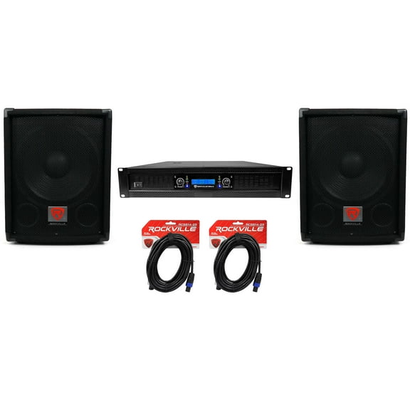 (2) Rockville SBG1128 12" Pro DJ PA Subwoofers 5000w 2-Channel Amplifier Cables