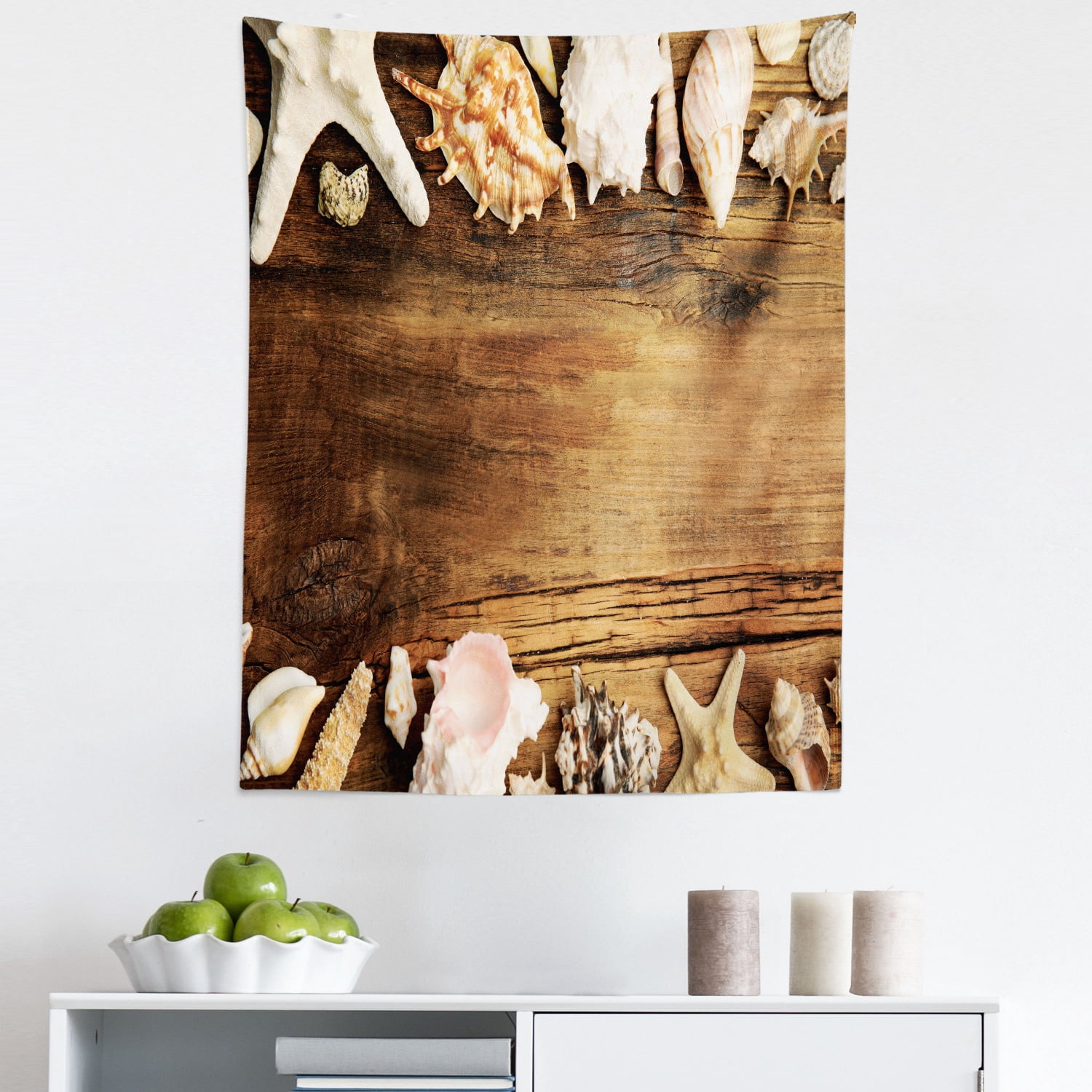 Rustic Seashell Picture Rustic Tapestry, Marine Art Seashells on Grunge Weathered Backdrop ...
