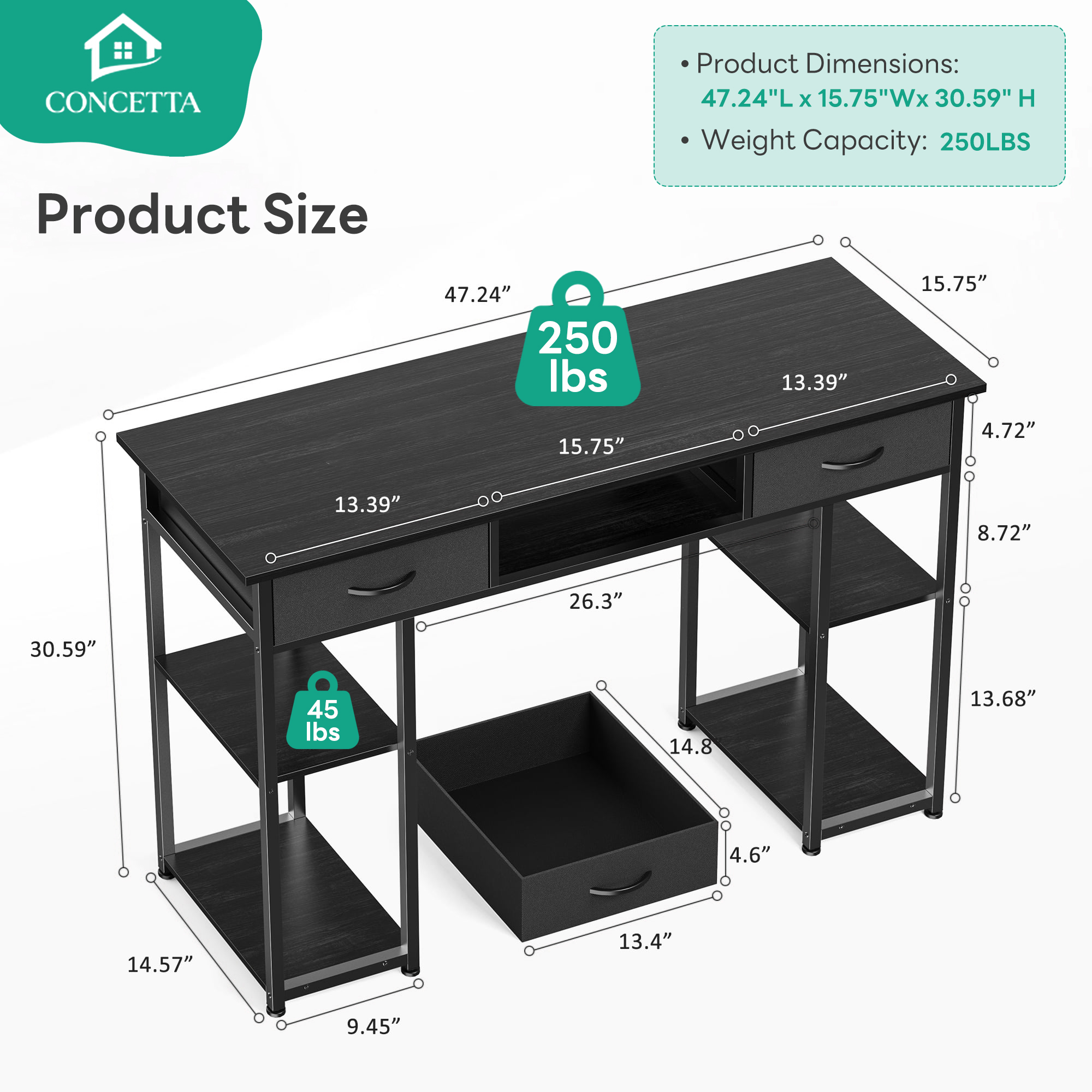 Concetta 48" Writing Desk with Fabric Drawers and Shelves, Black photo 4